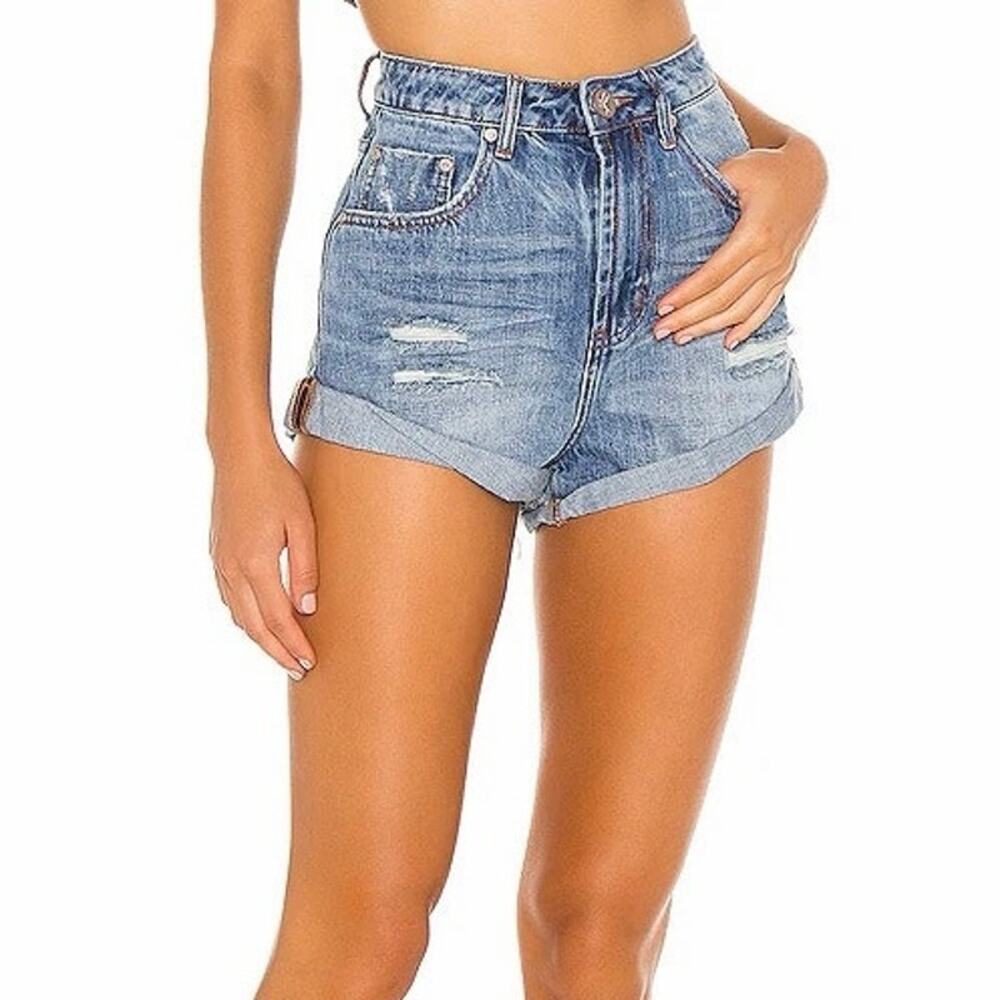 One Teaspoon 26 High Waist Preachers Distressed Cut Off Cuffed Blue Jean Shorts